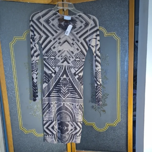 Brown, Cream And Tan Monochrome Geometric Long Sleeve Dress - Picture 3 of 5